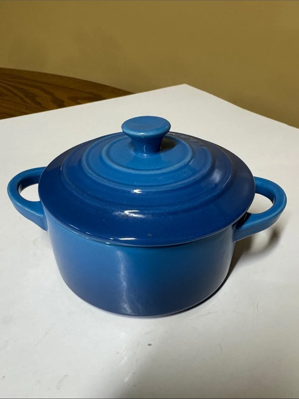 Le Creuset Mini Round Cocotte Marseille Blue Stoneware with Lid 8 oz